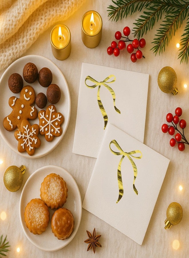 Sunshine Supply Bow Christmas Cocktail Napkins - Gold Foil Ribbon 3-Ply Disposable Paper Napkins for Thanksgiving Hosting, Holiday Parties, Christmas Celebrations and New Years Festivities - Image 5